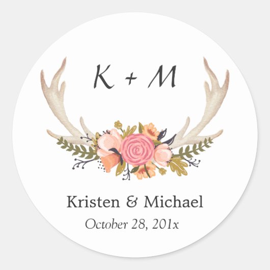 White Antler Floral Bride Groom Wedding Monogram Ronde Sticker (Voorkant)