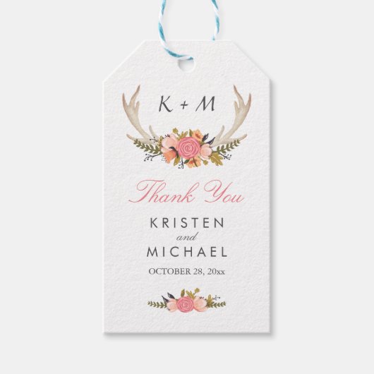 White Antler Rustic Floral Wedding Bedankt Cadeaulabel (Voorkant)