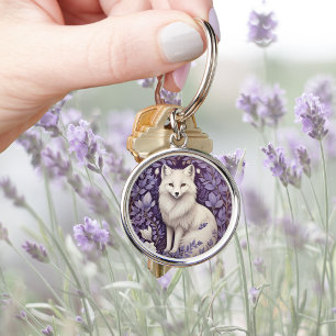 White Arctic Fox Lavendel William Morris Flowers Sleutelhanger
