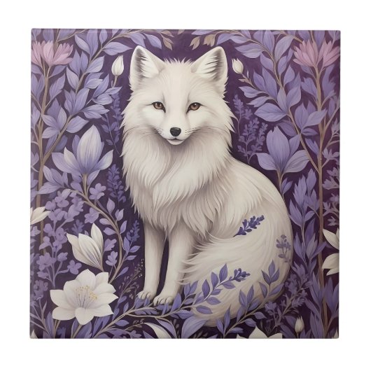White Arctic Fox Lavendel William Morris Flowers Tegeltje (Voorkant)