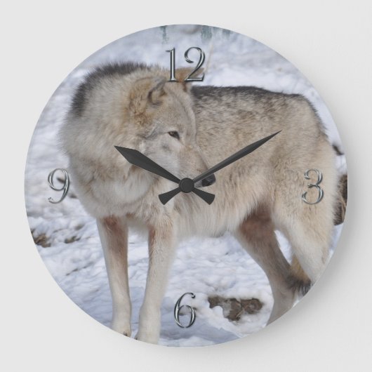 White Arctic Wolf and Snow Wildlife Art Clock Grote Klok (Voorkant)