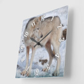 White Arctic Wolf and Snow Wildlife Art Clock Vierkante Klok (Hoek)