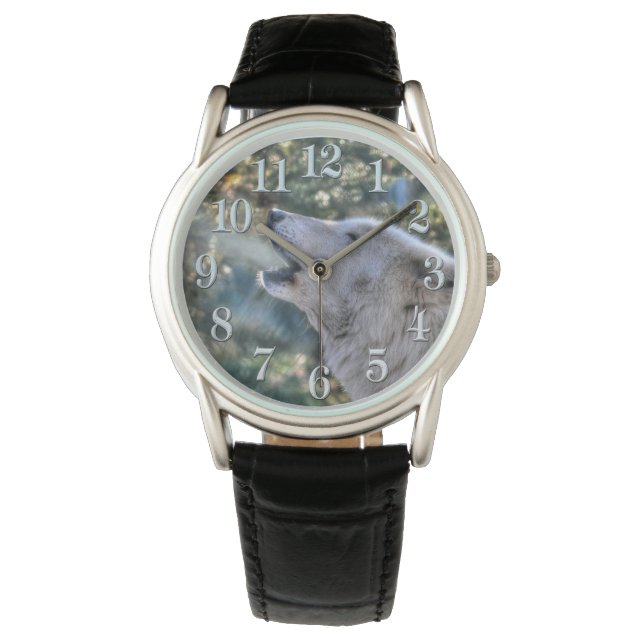 White Arctic Wolf Howling in Winter Wildlife Watch Horloge (Voorkant)