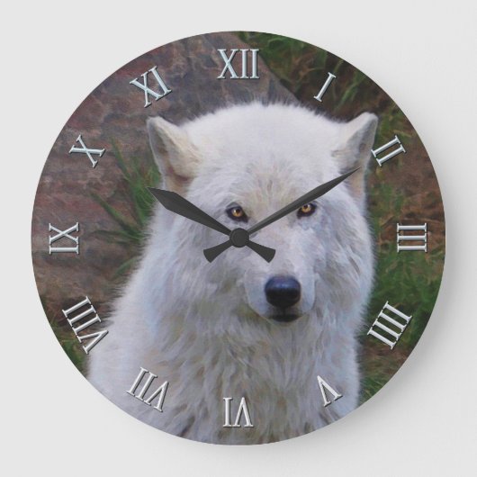 White Arctic Wolf Wildlife Art Clock Grote Klok (Voorkant)