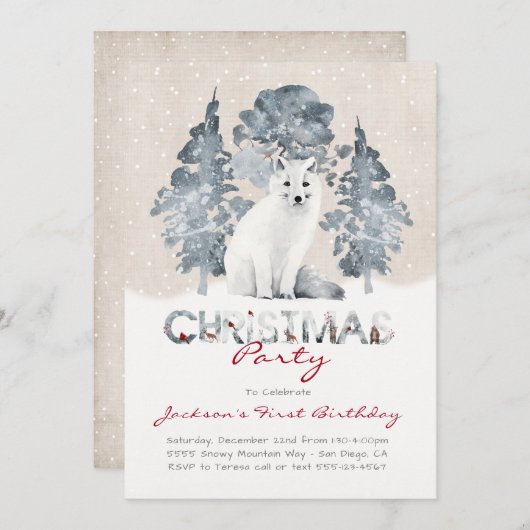 White Artic Fox Woodland - Kerstfeest Kaart (Voorkant / Achterkant)