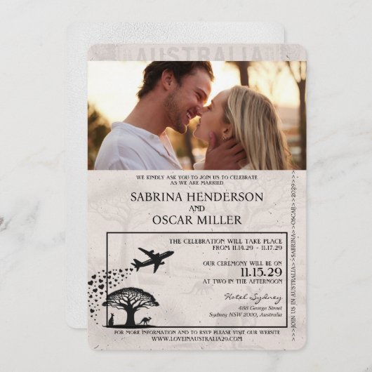 White Australia Passport Wedding Invitation Kaart (Voorkant / Achterkant)