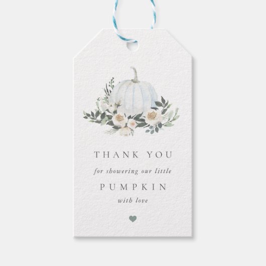 White Autumn Pumpkin Greenery Baby shower Favor Cadeaulabel (Voorkant)