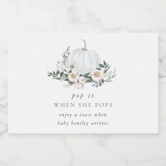 White Autumn Pumpkin Greenery Baby shower Favor Sparkling Wijnetiket (Enkel label)