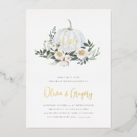 White Autumn Pumpkin Greenery Engagement Party Folie Uitnodiging (Voorkant)