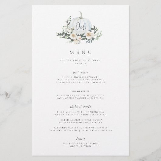 White Autumn Pumpkin Greenery Monogram Event Menu (Voorkant)