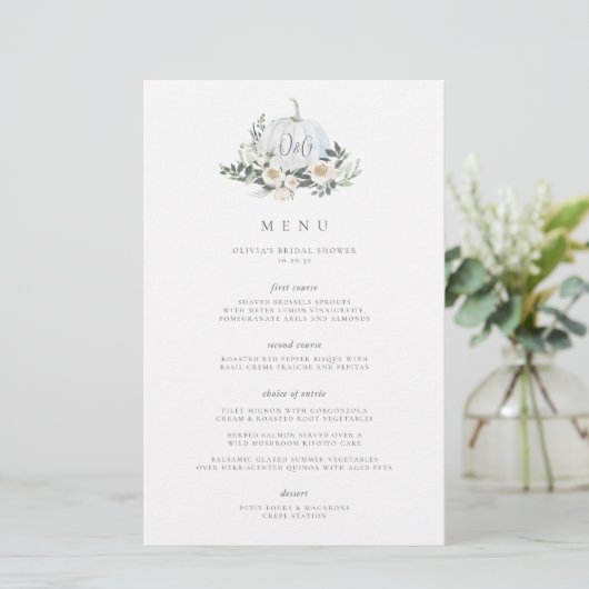 White Autumn Pumpkin Greenery Monogram Event Menu (Staand voorkant)
