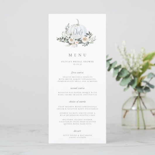 White Autumn Pumpkin Greenery Monogram Event Menu (Staand voorkant)