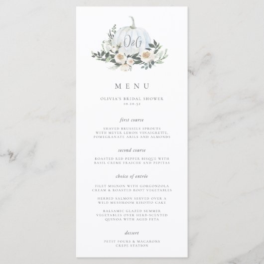 White Autumn Pumpkin Greenery Monogram Event Menu (Voorkant)