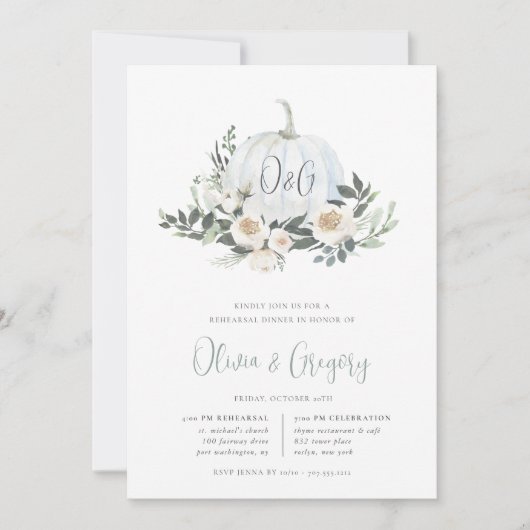 White Autumn Pumpkin Greenery Rehearsal Dinner Kaart (Voorkant)
