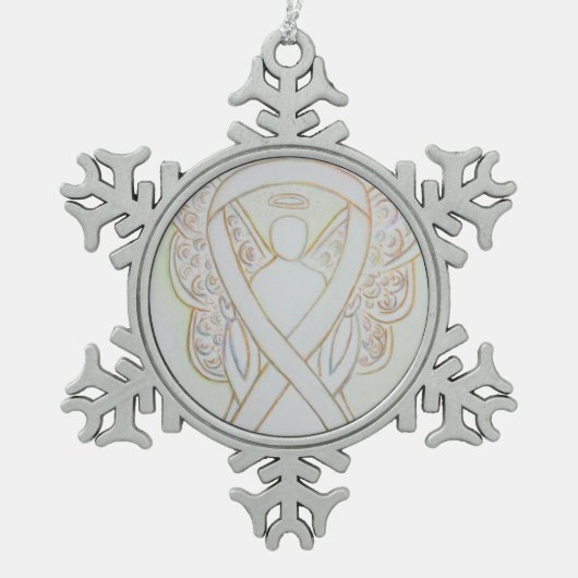 White Awareness Ribbon Angel Gepersonaliseerd Orna Tin Sneeuwvlok Ornament (Voorkant)