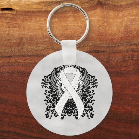 White Awareness Ribbon with Wings Sleutelhanger (Voorkant)