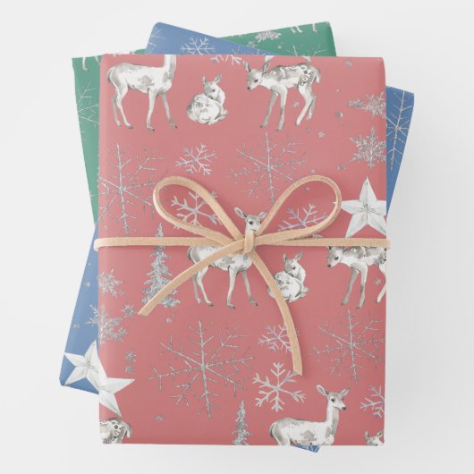 White Baby Doe Deer Silver Snowflakes en sterren Inpakpapier Vel (In situ)