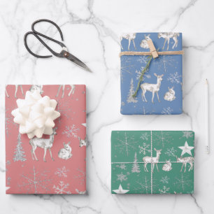 White Baby Doe Deer Silver Snowflakes en sterren Inpakpapier Vel