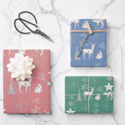 White Baby Doe Deer Silver Snowflakes en sterren Inpakpapier Vel (Voorkant)