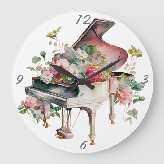 White Baby Grand Piano Waterverf Grote Klok (Voorkant)