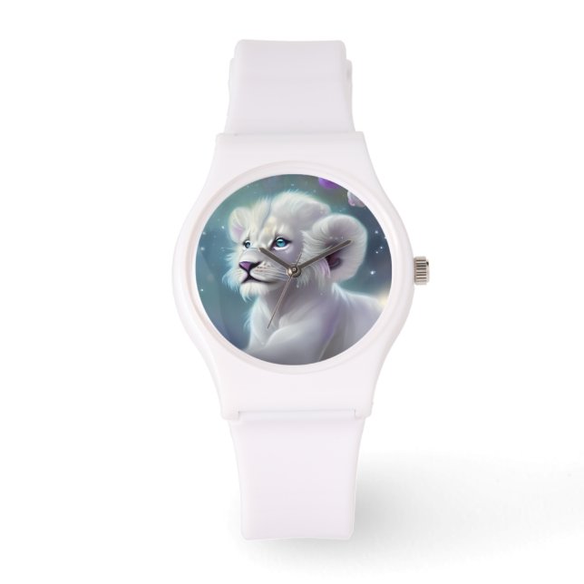 White Baby Lion Cub Fantasy Horloge (Voorkant)