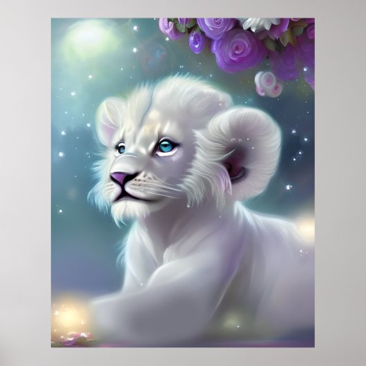 White Baby Lion Cub Fantasy Poster (Voorkant)