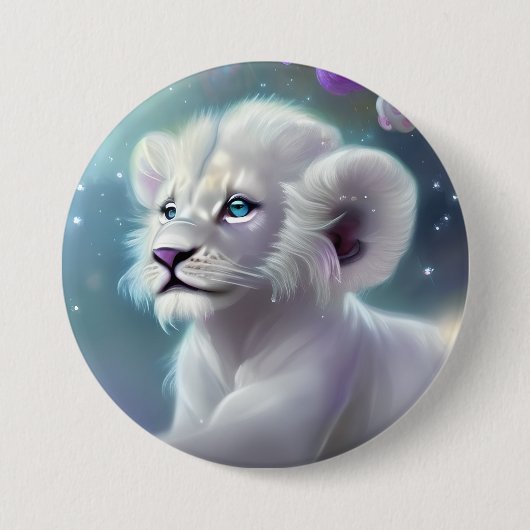 White Baby Lion Cub Fantasy Ronde Button 7,6 Cm (Voorkant)