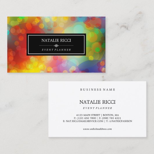 White Back Colorful Bokeh Event Planner Visitekaartje (Voorkant / Achterkant)