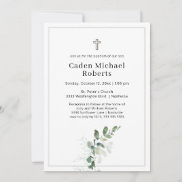White Baptism Greenery Cross Invitation Kaart