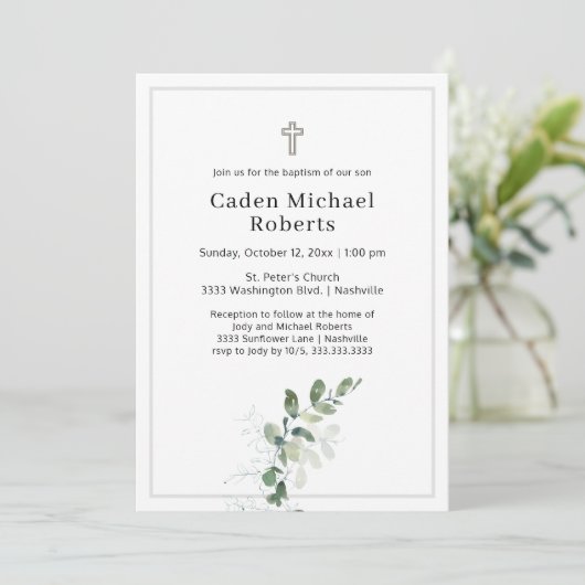 White Baptism Greenery Cross Invitation Kaart (Staand voorkant)