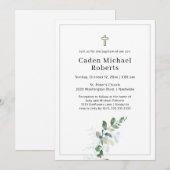White Baptism Greenery Cross Invitation Kaart (Voorkant / Achterkant)