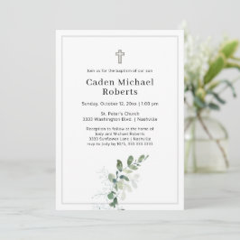 White Baptism Greenery Cross Invitation Kaart