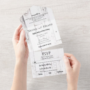 White Barn Wood Farmhouse Barn Wedding All In One Uitnodiging