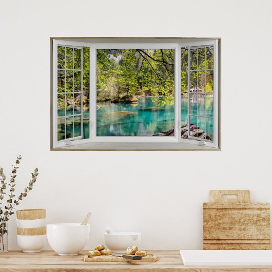 White Bay Window Illusion Calming Lake Poster (Keuken)