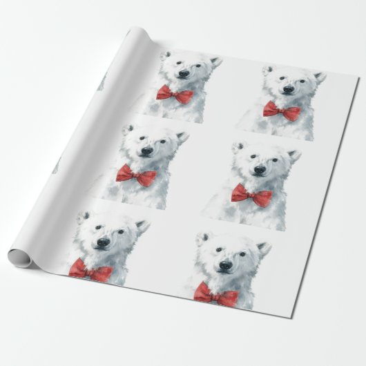 White Bear with Red Bow – Christmas Wrapping Paper Cadeaupapier (Uitgerold)