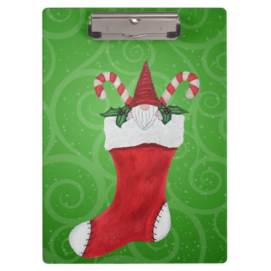 White Bearded Gnome in Stocking Candy Canes Swirls Klembord (Voorkant)