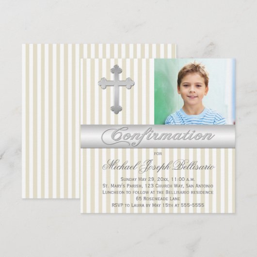 White Beige Stripes Bevestiging Fotouitnodiging Kaart (Voorkant / Achterkant)