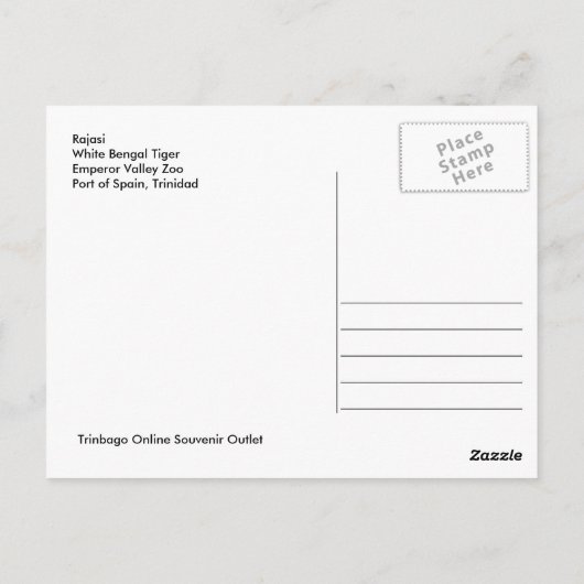 White Bengal Tiger, Briefkaart Trinidad (Achterkant)