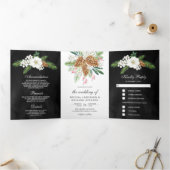 White Berries Pine Cones Black kerstbruiloft Drieluik Uitnodiging (Binnen)