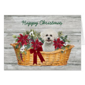 White Bichon Frise Dog in mandje kerstkaart (Voorkant Horizontaal)