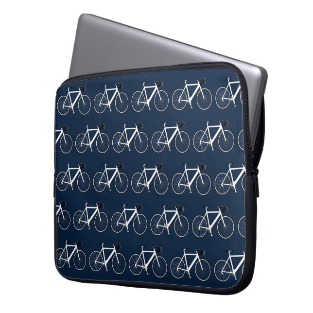 White Bicycle On Navy Blue Laptop Sleeve (Voorkant Links)
