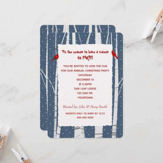 White Birch and Snowflakes kerst Kardinaal Kaart (Voorkant / Achterkant in situ)