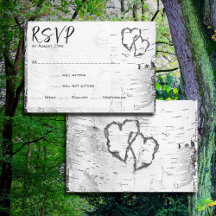 White Birch Carved Hearts Wedding RSVP Kaart