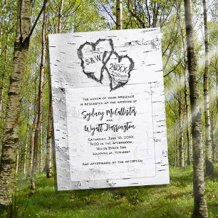 White Birch Hearts Natuur Wedding Invitation Kaart