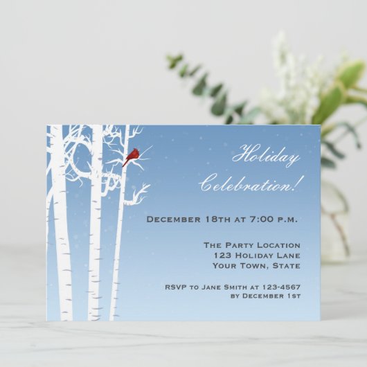 White Birch, Red Bird Seasonal Invitation Kaart (Staand voorkant)