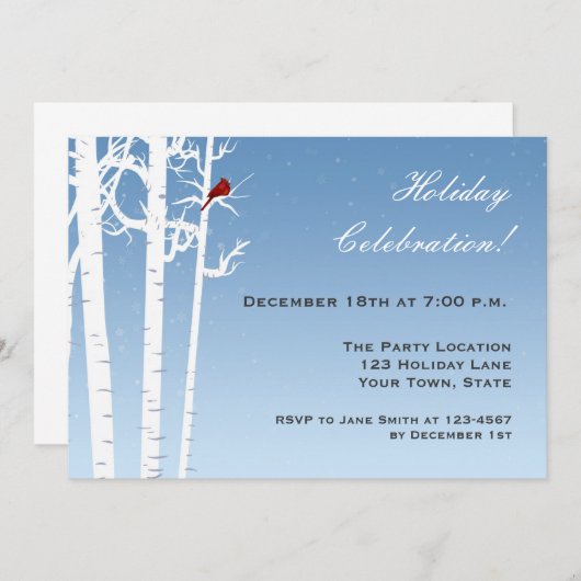White Birch, Red Bird Seasonal Invitation Kaart (Voorkant / Achterkant)