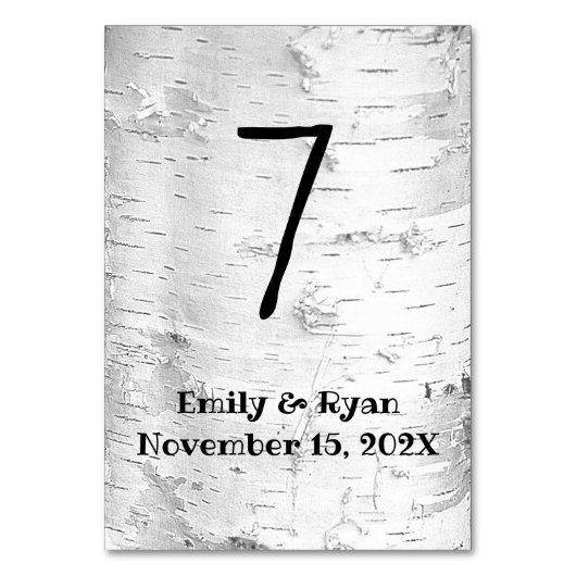 White Birch Rustic Wedding Table Number kaarten (Achterkant)