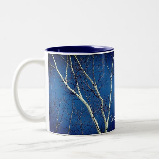 White Birch Tree Blue Sky, op maat gemaakt Tweekleurige Koffiemok (Links)