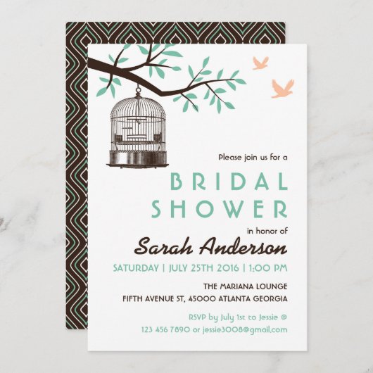 White Bird Cage Rustic Bridal Shower Invitation Kaart (Voorkant / Achterkant)