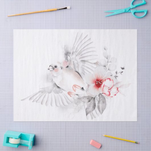 White Bird Cherry Blossom Whimsical Waterverf Tissuepapier (Craft)